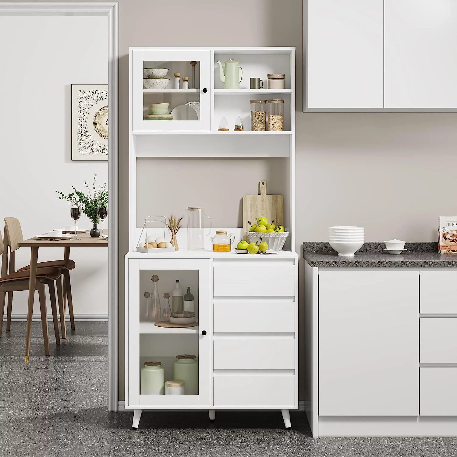 71'' Tall Kitchen Pantry Storage Cabinet with Large Countertop. Kitchen Buffet Hutch Cabinet with 2 Adjustable Shelves & Tempered Glass Doors. 4 Handless Drawers for Home. White