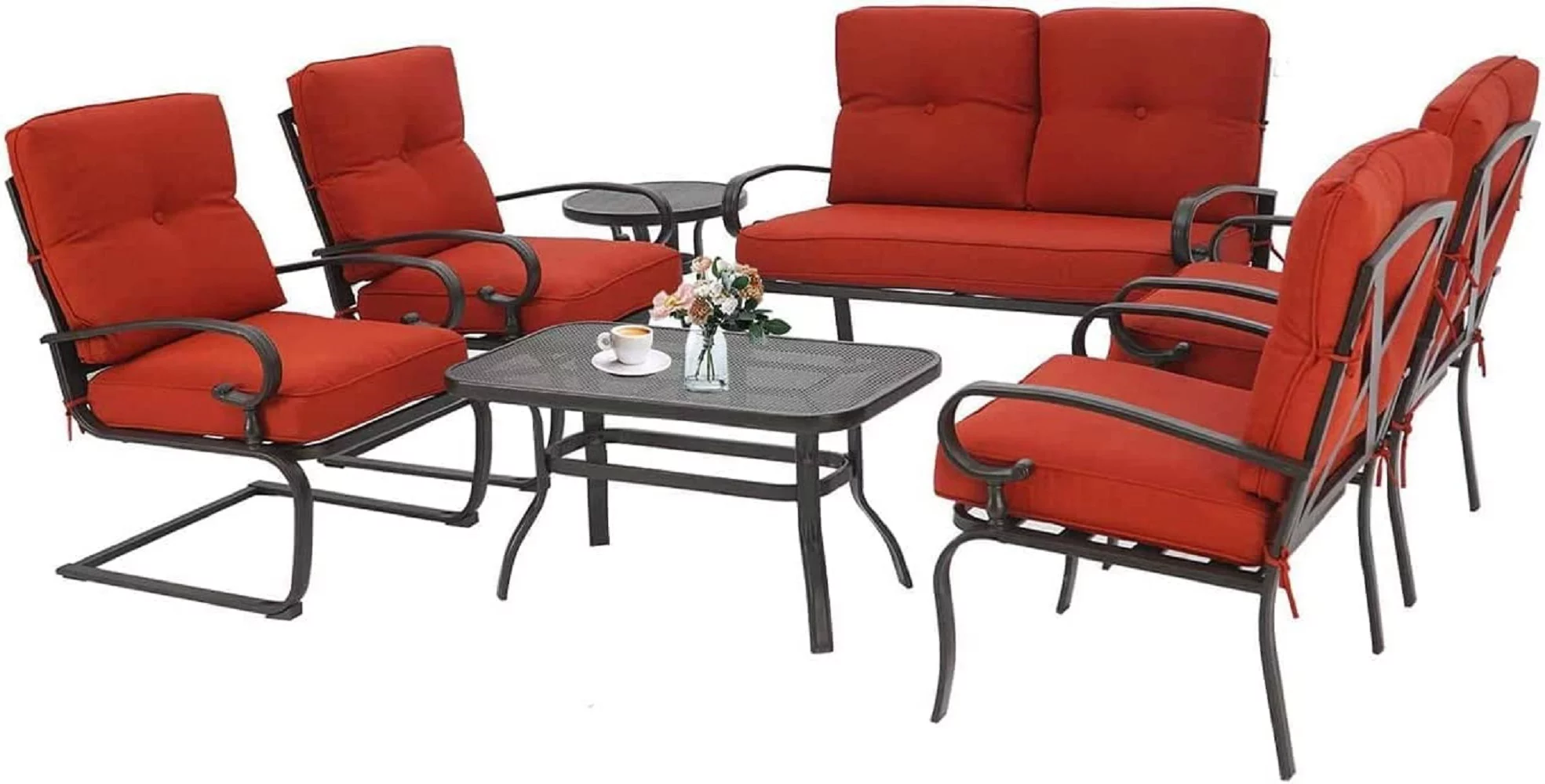 SUNCROWN 7-Piece Outdoor Metal Furniture Sets Patio Conversation Set Loveseat Louge Chairs and Table, Red - Curated Treasures Market