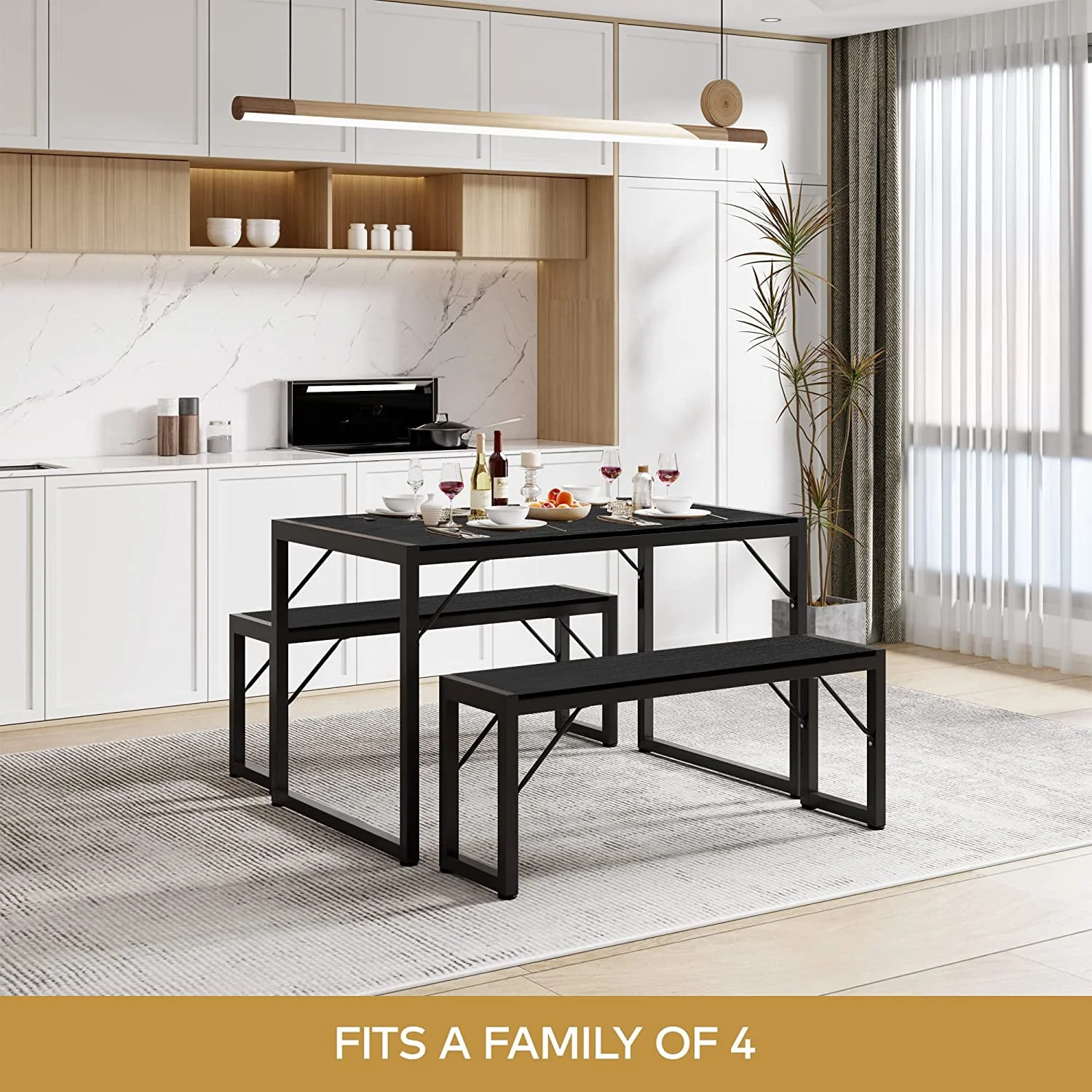 Lofka Kitchen Table and Chairs for 4 with 45.5 Modern Dining Table Set for 4, Dinette Set Black