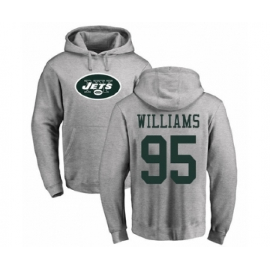 Football New York Jets #95 Quinnen Williams Ash Name & Number Logo Pullover Hoodie