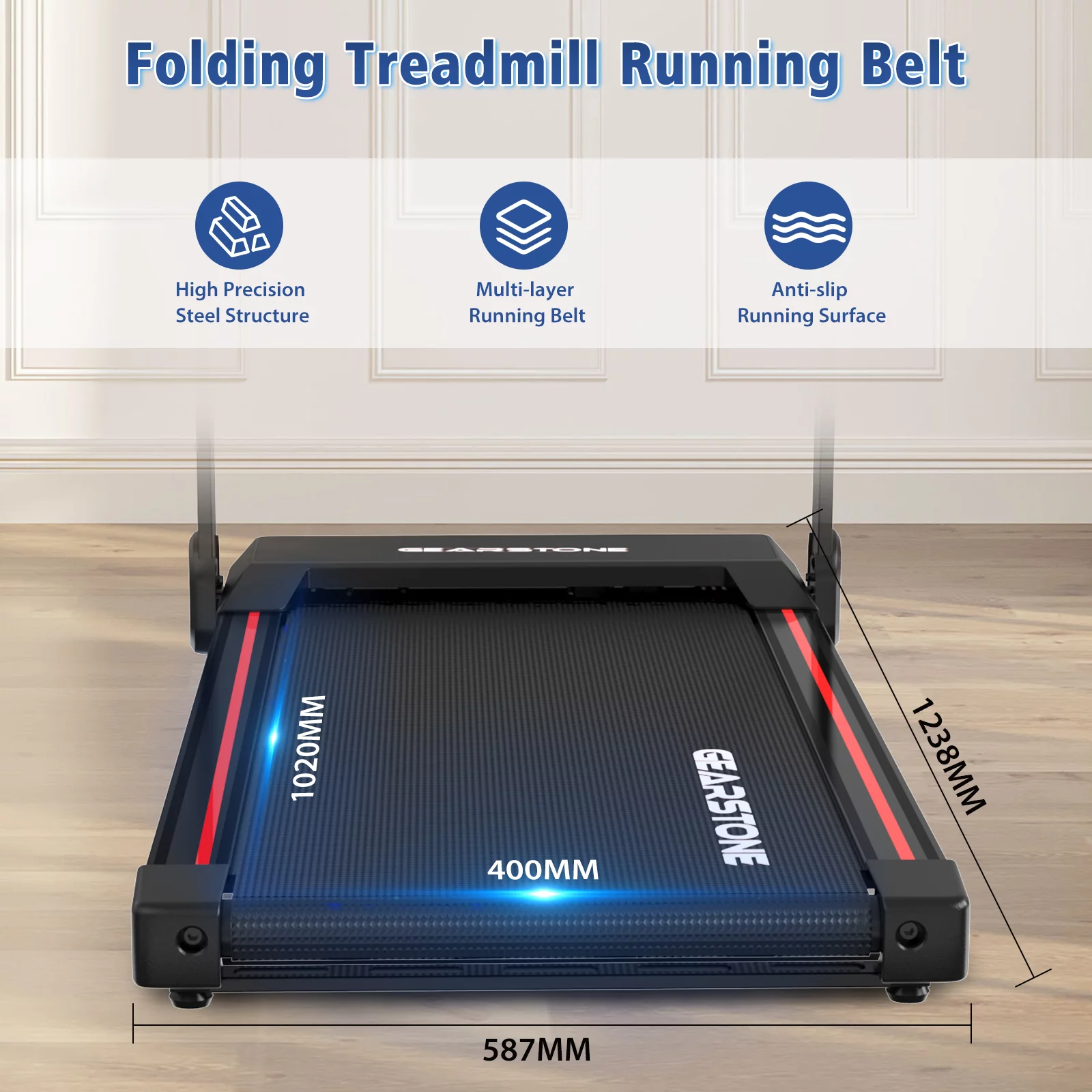 GEARSTONE Foldable Treadmill, Powerful Folding Treadmill with LCD Monitor, Electric Motorized Treadmill for Home/Gym, Running Walking Jogging Compact Treadmill Workout