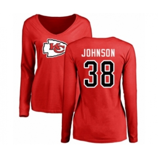 Football Women's Kansas City Chiefs #38 Dontae Johnson Red Name & Number Logo Slim Fit Long Sleeve T-Shirt