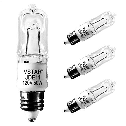 VSTAR JDE11 120V 50W Halogen,E11 Halogen Bulb Warm White,Dimmable,Mini-Candelabra T4 Halogen Light Bulb for Chandeliers,Pendants,Table Lamps,Cabinet Lighting(Pack of 4)