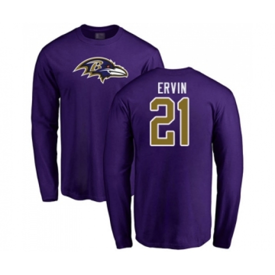 Football Baltimore Ravens #21 Tyler Ervin Purple Name & Number Logo Long Sleeve T-Shirt