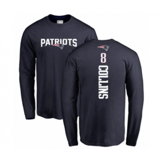 Football New England Patriots #8 Jamie Collins Navy Blue Backer Long Sleeve T-Shirt