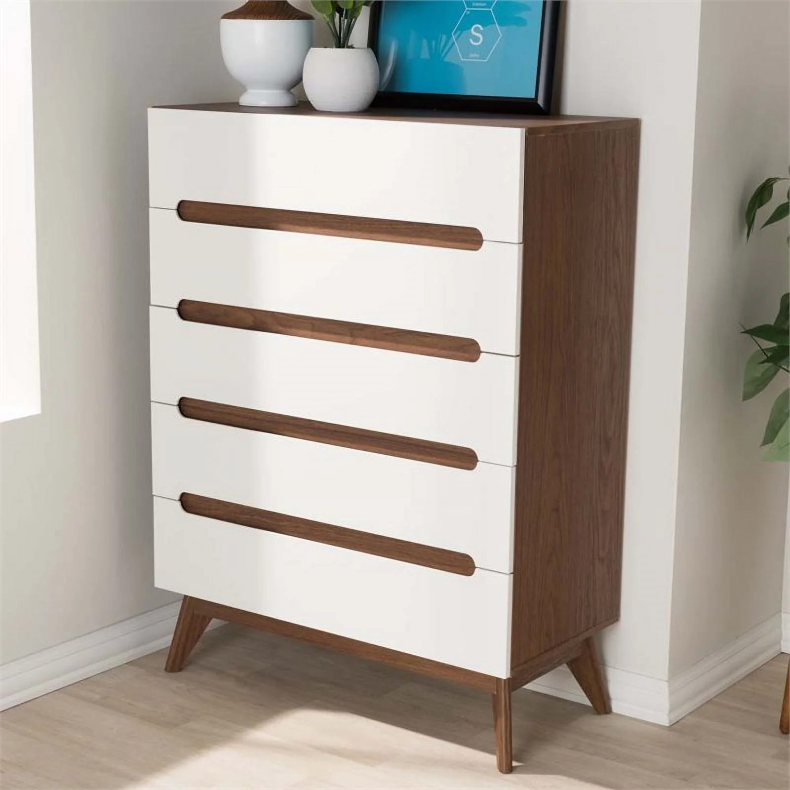 Bowery Hill Mid-Century 5-Drawer Board Wood Chest in White/Walnut