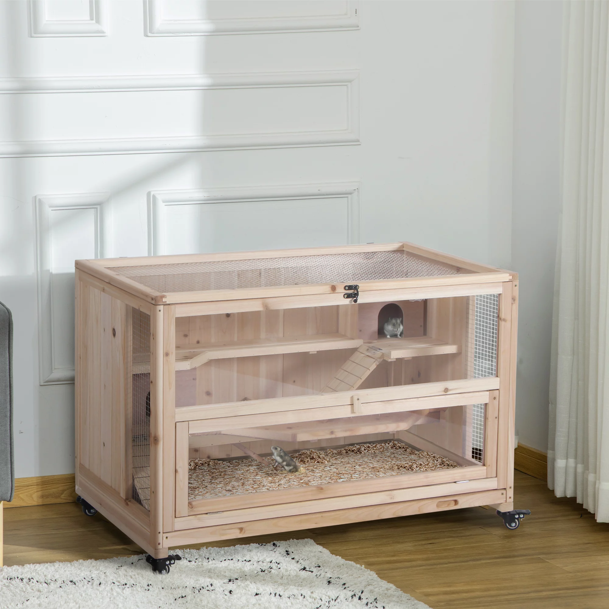 PawHut Wooden Hamster Cage Playground, Small Animal Cage, Natural - Curated Treasures Market