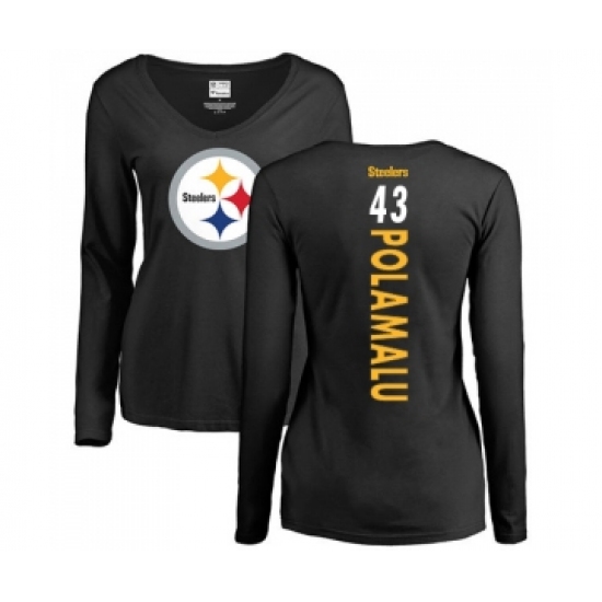 Football Women's Pittsburgh Steelers #43 Troy Polamalu Black Backer Slim Fit Long Sleeve T-Shirt