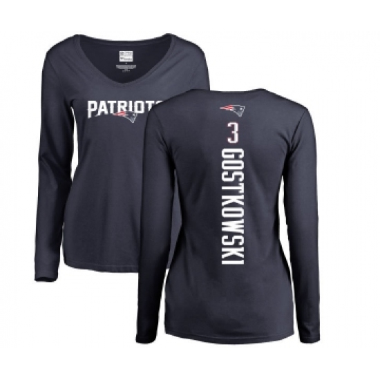 Football Women's New England Patriots #3 Stephen Gostkowski Navy Blue Backer Slim Fit Long Sleeve T-Shirt
