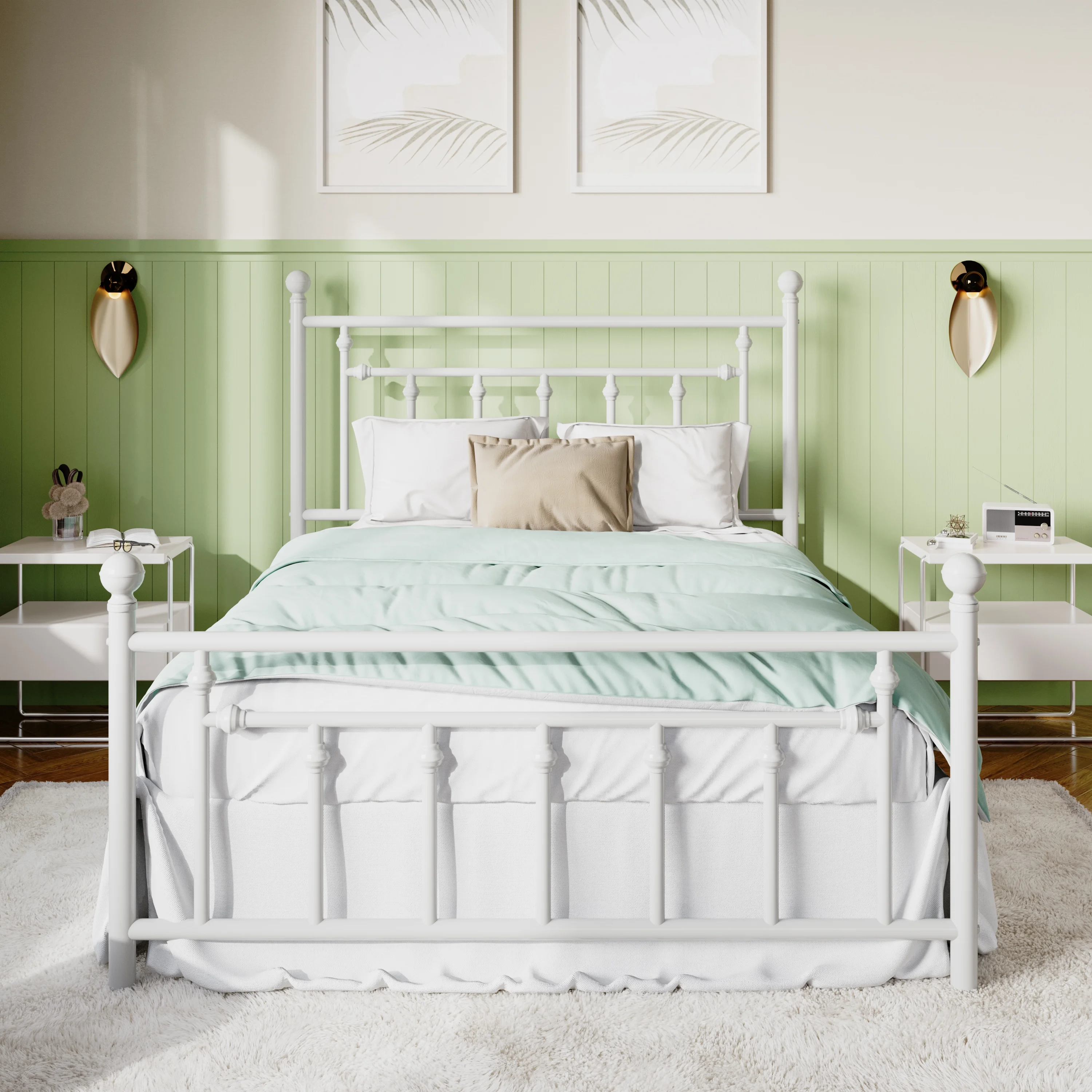 Allewie Queen Size Metal Platform Bed Frame with Victorian Vintage Headboard&Footboard, White