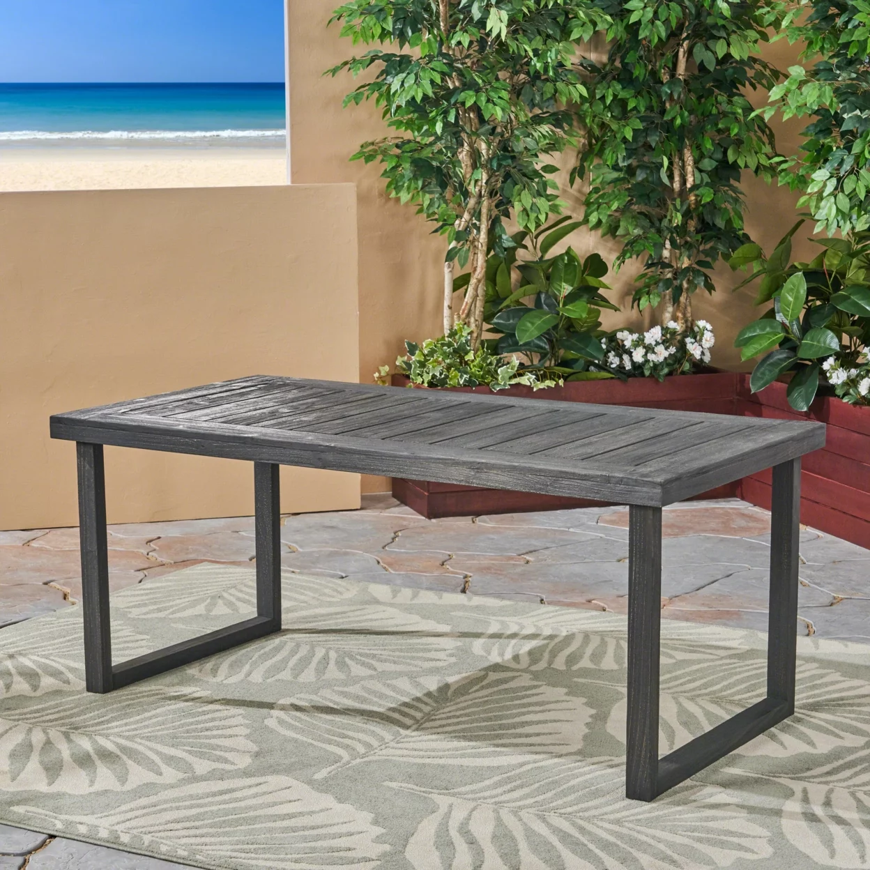 GDF Studio Kaniel Outdoor Acacia Wood Dining Table, Sandblasted Dark Gray - Curated Treasures Market