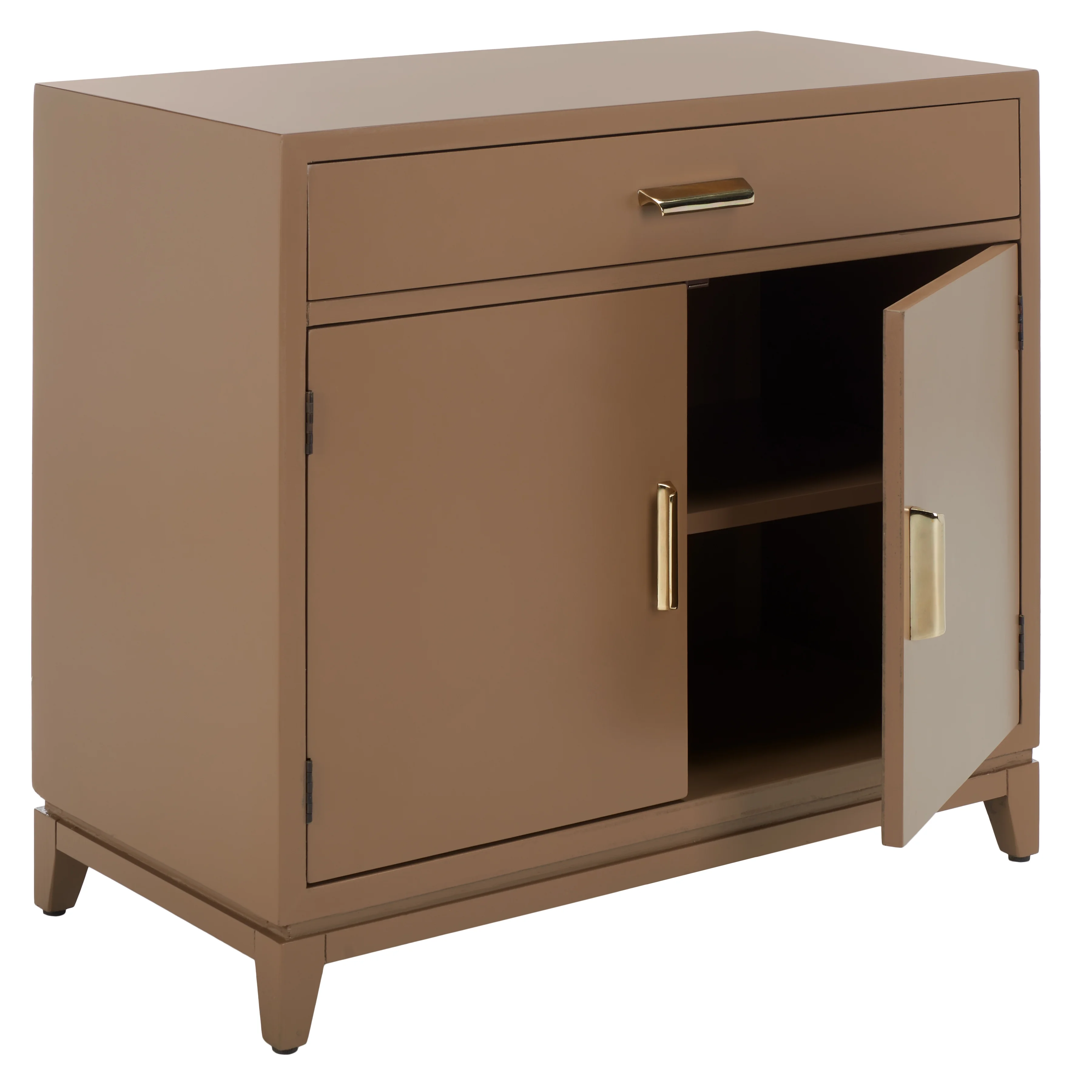 SAFAVIEH Nigel Mid-Century 2 Door 1 Drawer Chest. Taupe/Brass (31.9 in. W x 15.9 in. D x 29 in. H)