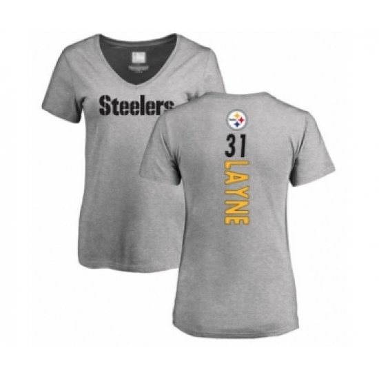 Women's Pittsburgh Steelers #31 Justin Layne Ash Backer V-Neck T-Shirt