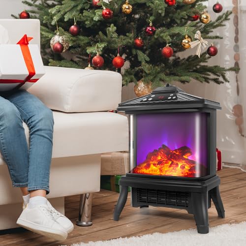 Portable Small Electric Fireplace Heater 3-Color Flame 900W Freestanding Space Heater Mini Electric Stove Heater 59-90℉ Thermostat 12h-Timer Remote Control Overheat&Tip-over Protect