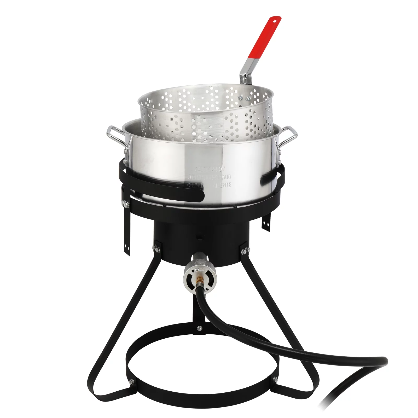 13*32inch Four-Piece Set, Black Round Iron Stove Frame, Silver Aluminum 30qt Turkey Pot 10qt Fish Pot, Gas Fryer
