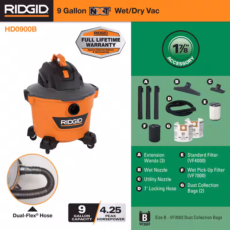 9 Gallon 4.25 Peak HP NXT Wet/Dry Shop Vacuum with General Debris Filter, Wet Filter, Dust Bags, Hose and Accessories