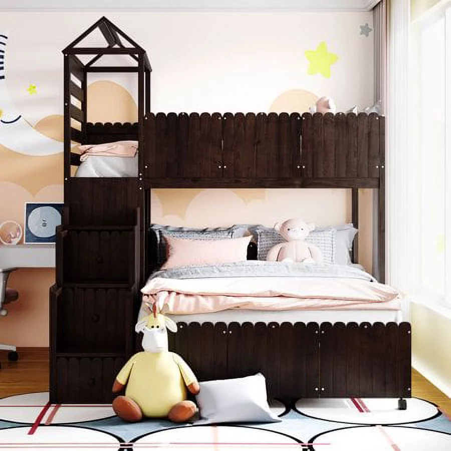 CHURANTY Wood Twin Over Full Loft Bed Stairway House Bed with Stairs and Drawers,Full-Length Guardrail Fence and Roof for Boys Girls No Box Spring Needed, Espresso - Curated Treasures Market