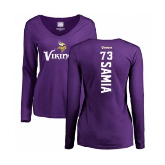 Football Women's Minnesota Vikings #73 Dru Samia Purple Backer Slim Fit Long Sleeve T-Shirt