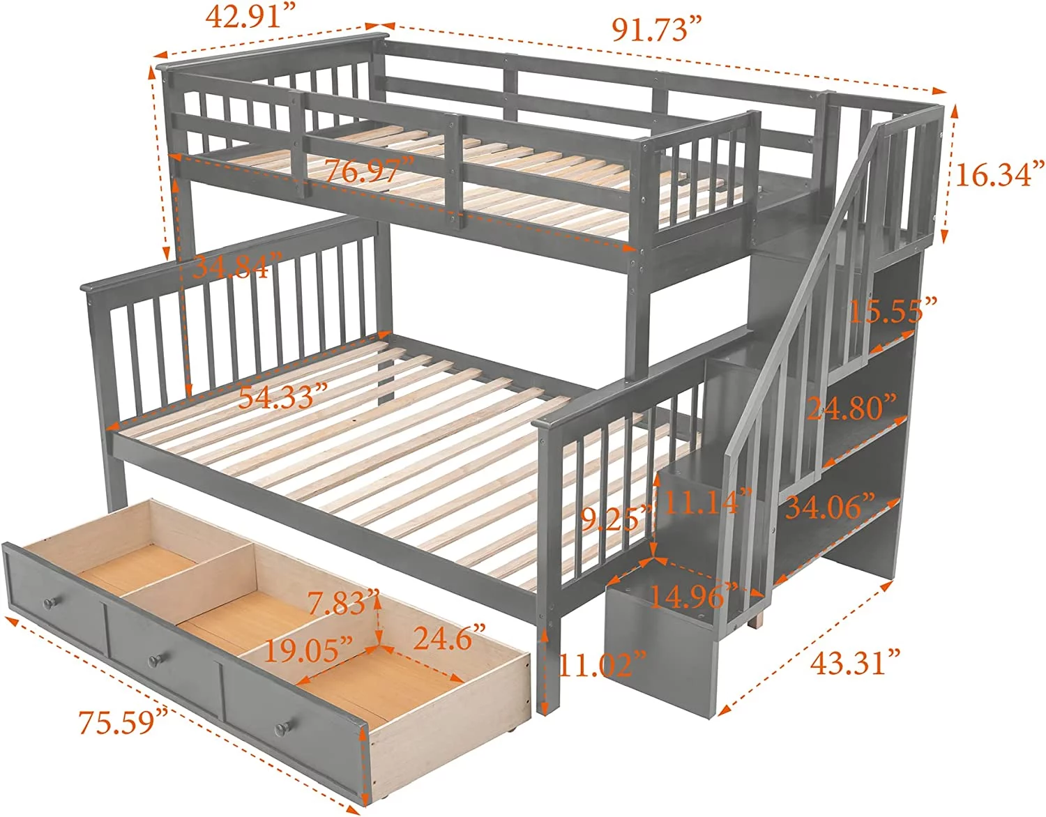 Over Full Bunk Bed With Stairs And Storage Drawers. Hardwood Stairway Bunk Bed Frame For Kids Teens Adults. Bedroom. Dorm - Gray