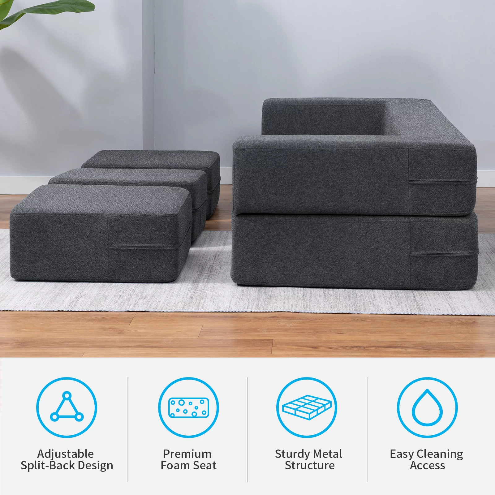 BALUS Folding Bed Couch, Sleeper Foam Sofa Bed, Cushioned Foam Mattress Comfortable Sofa, Floor Couch Sleeper Sofa Foam with 3 Ottomans for Living Room/Bedroom/Guest Room/Home Office (Dark Grey) - Curated Treasures Market