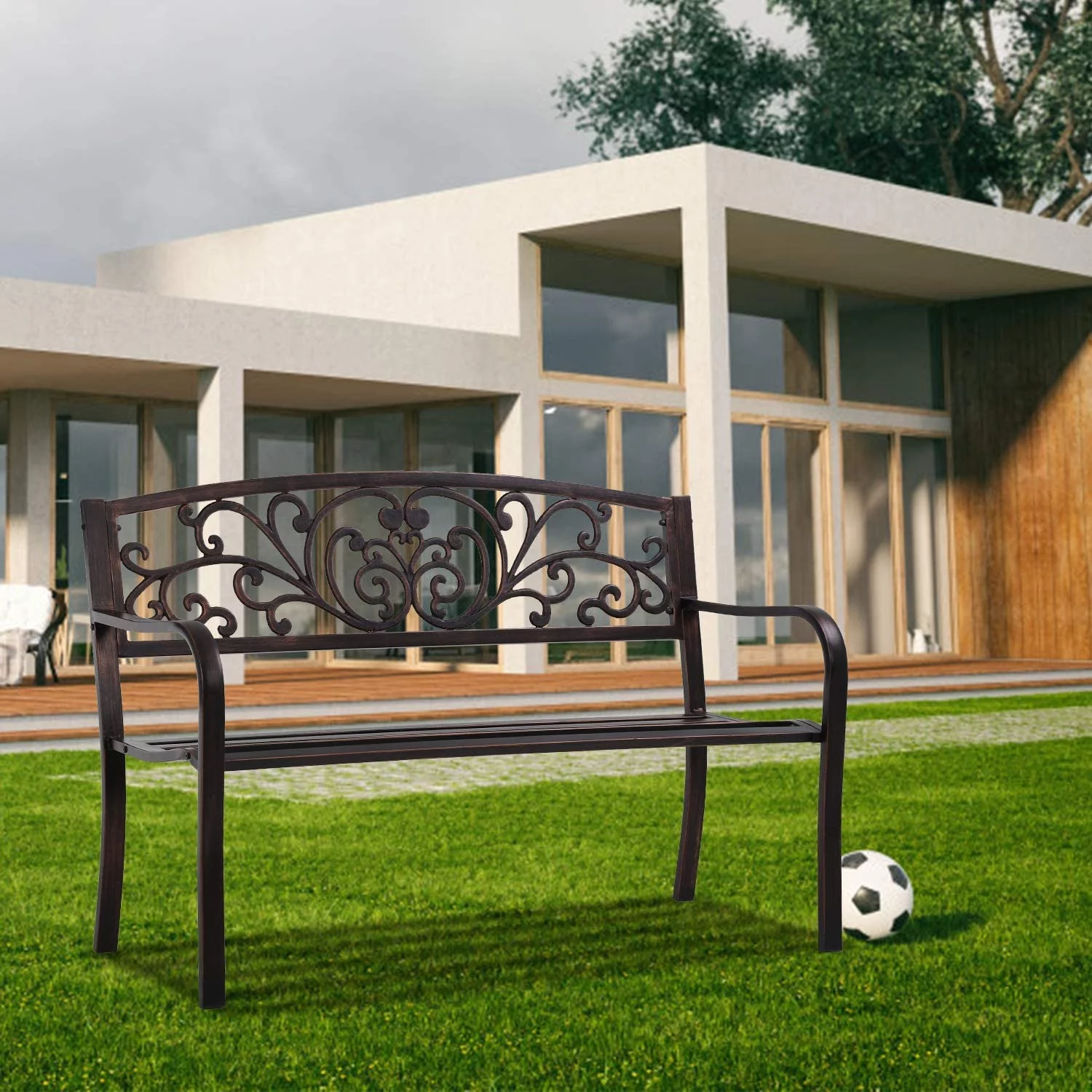 Outdoor Garden Bench Metal, Patio Park Bench with Armrests for Yard Steel & Cast Iron Chair Steel Frame Furniture for Deck Lawn Courtyard - Curated Treasures Market