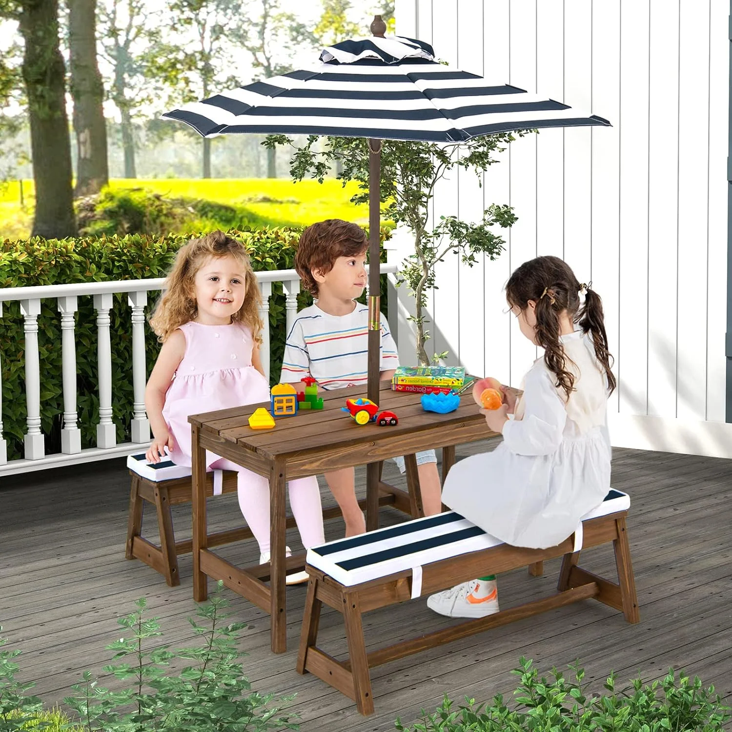 Kids Picnic Table, Toddler Wood Table & Chair Set w/Cushions, Height Adjustable Umbrella, Children Activity Table Outdoor Furniture Set for Patio, Garden, Backyard, Gift for Ages 3-8 (Blue) - Curated Treasures Market