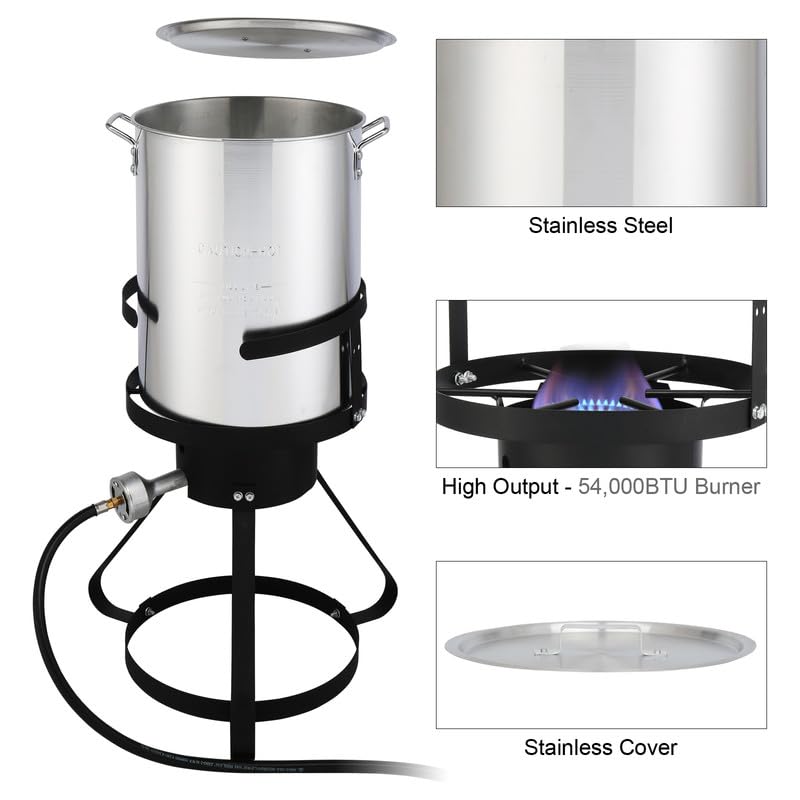 Outdoor Fryer Turkey Fryer 13 * 32 inch 4-Piece fryer Set with Black Round Iron Stove Frame Outdoor Burner Silver Aluminum 30qt Turkey Pot 10qt Fish Pot, Gas Fryer for Home Kitchen Restaurant