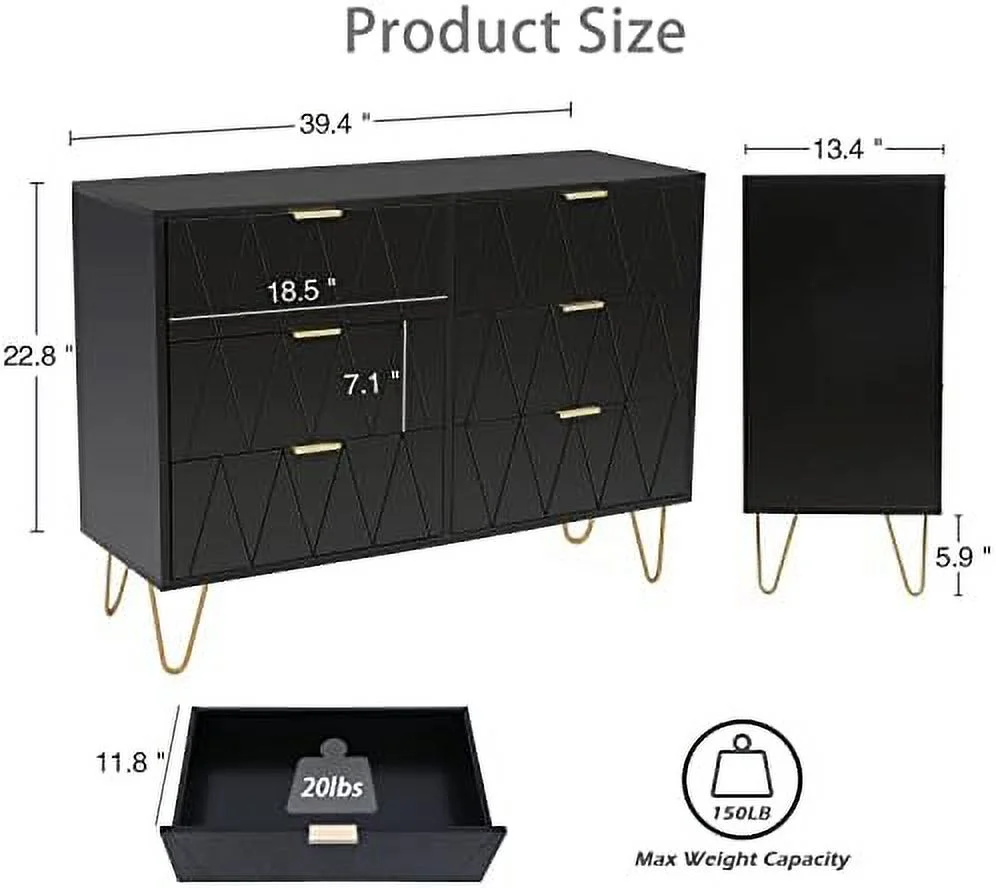Black 6 Drawer Dresser for Bedroom  Large Double Dresser with Wide Drawers and Gold Handles   Chest of Drawers - Curated Treasures Market