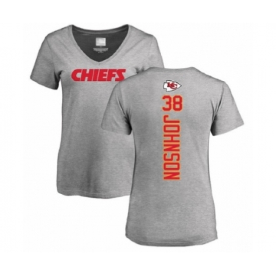 Football Women's Kansas City Chiefs #38 Dontae Johnson Ash Backer V-Neck T-Shirt