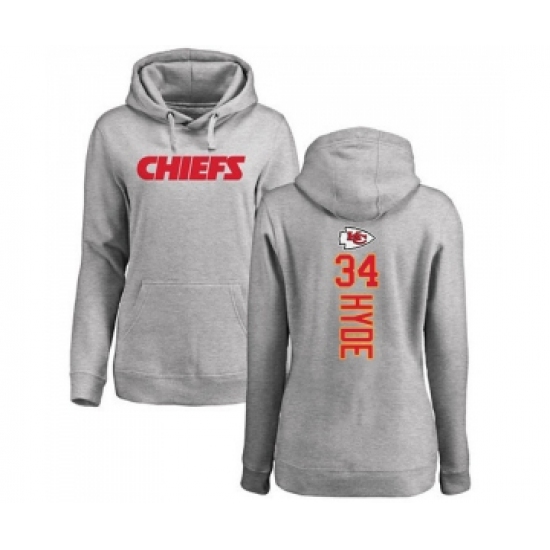 Football Women's Kansas City Chiefs #34 Carlos Hyde Ash Backer Pullover Hoodie