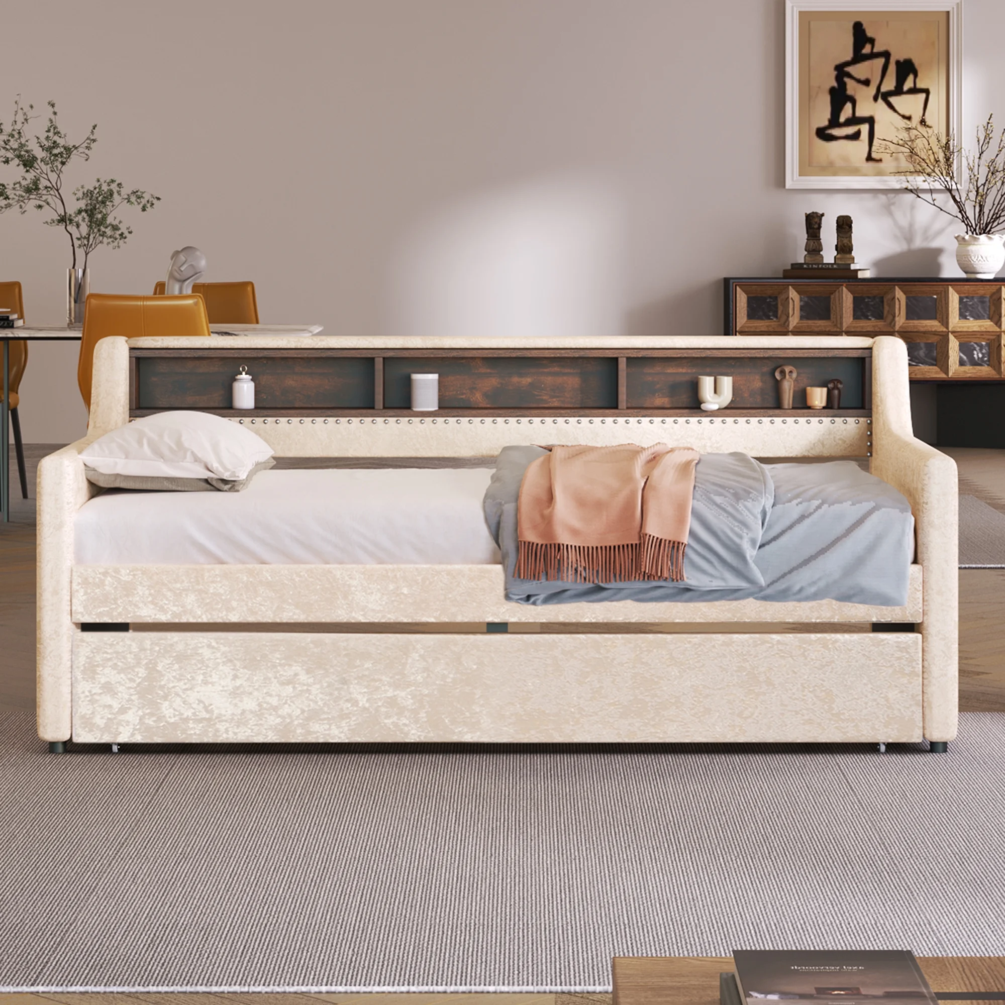 Churanty Twin Size Upholstered Daybed with Trundle and Built-in Storage Shelves, Snowflake Velvet Sofa Bed Wood Day Bed Frame for Bedroom Living Room Guest Room, Beige - Curated Treasures Market