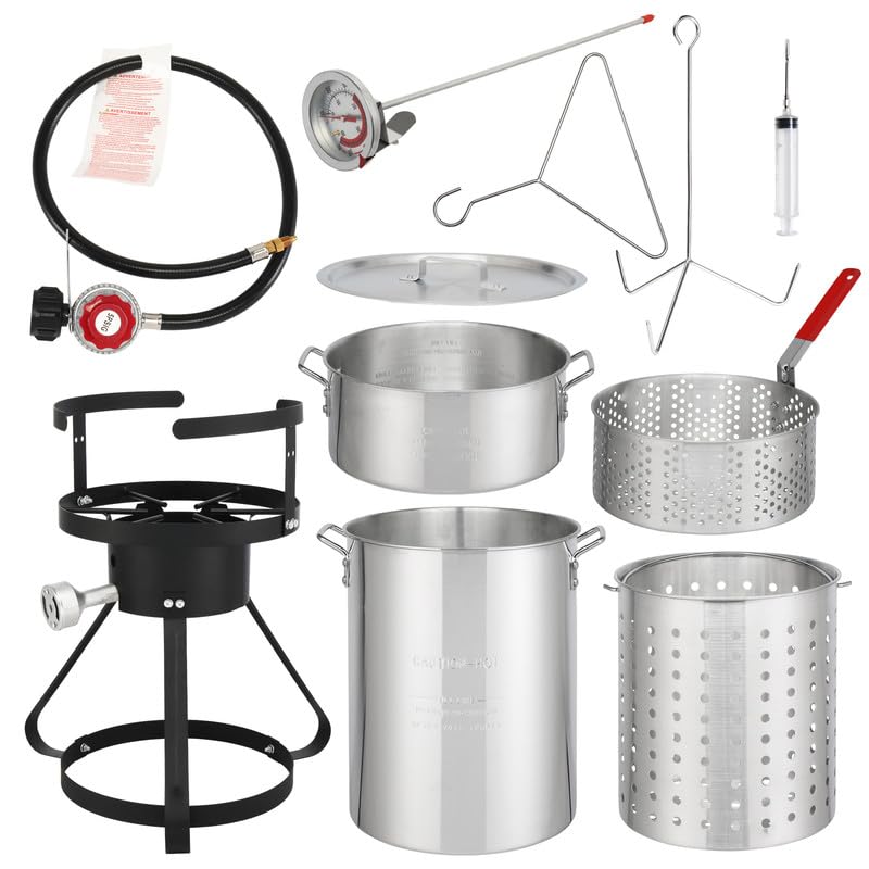 Outdoor Fryer Turkey Fryer 13 * 32 inch 4-Piece fryer Set with Black Round Iron Stove Frame Outdoor Burner Silver Aluminum 30qt Turkey Pot 10qt Fish Pot, Gas Fryer for Home Kitchen Restaurant