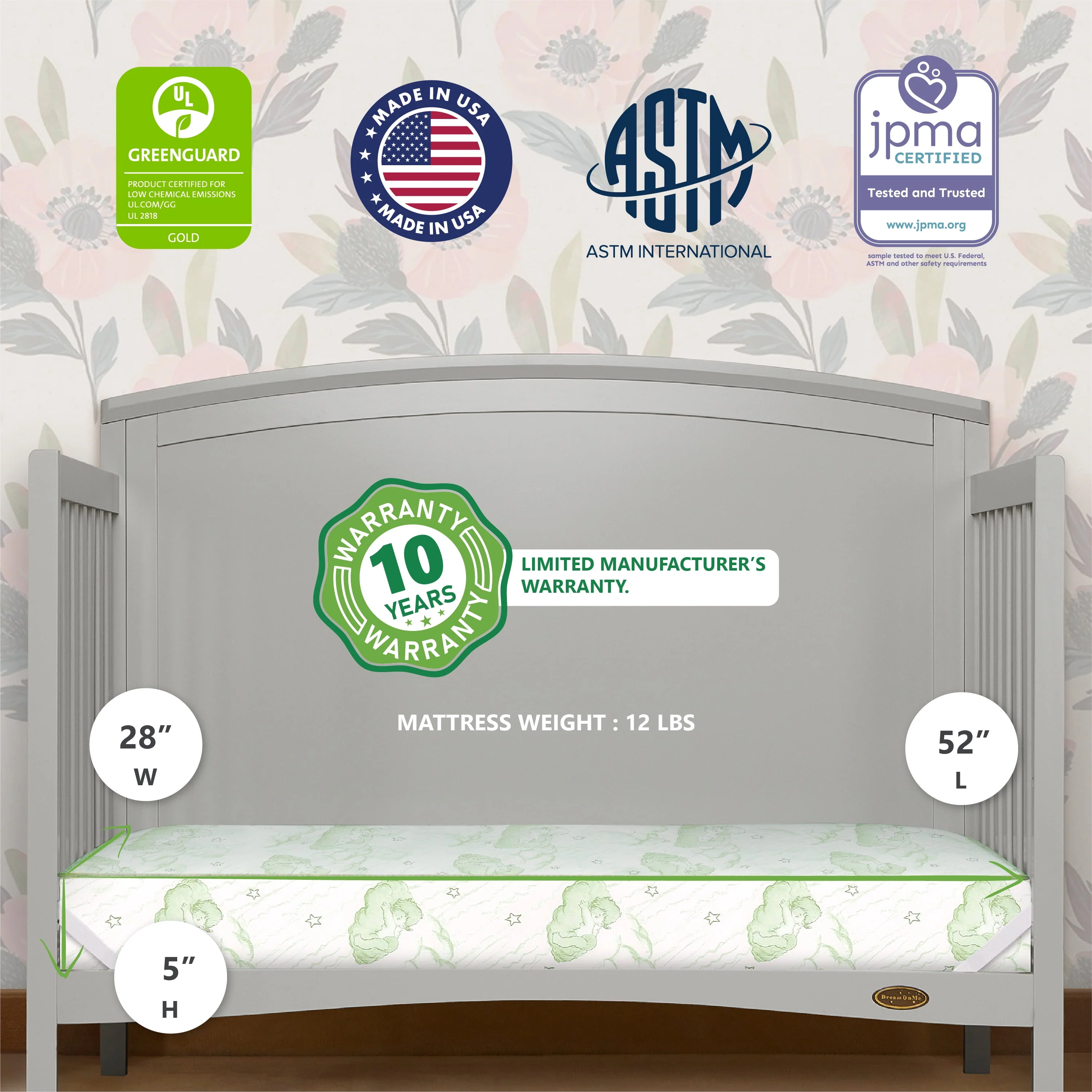 Dream on Me Twinkle 5 88 Coil Crib & Toddler Mattress, Morning Mist Floral, Greenguard Gold Certified
