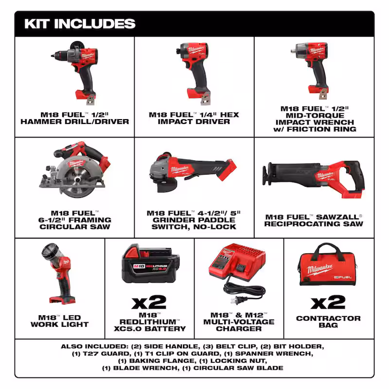 M18 FUEL 18V Lithium-Ion Brushless Cordless Combo Kit with (2) 5.0 Ah Batteries (7-Tool) & 1/2 in. Impact Wrench