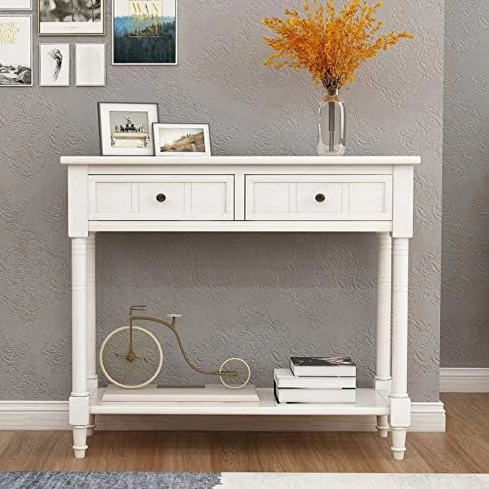 TJUNBOLIFE Console Table Sideboard Wooden Sofa Table with 2 Drawers and Bottom  for Bedroom (White) - Curated Treasures Market