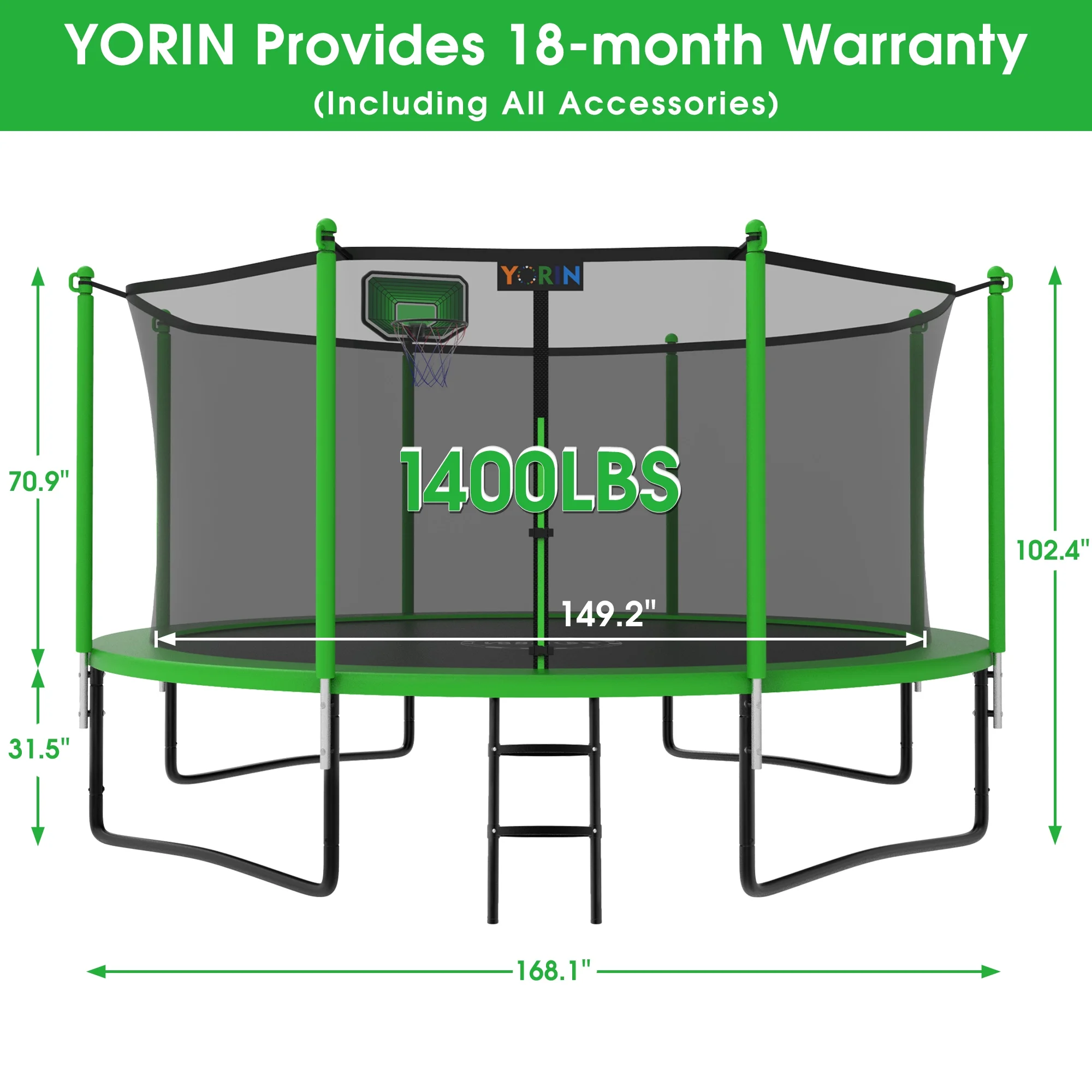 YORIN 1200LBS 12FT 14FT 15FT Trampoline for Kids Adults, Trampoline with Safety Enclosure Net, Basketball Hoop and Ladder, Outdoor Heavy-Duty Trampoline