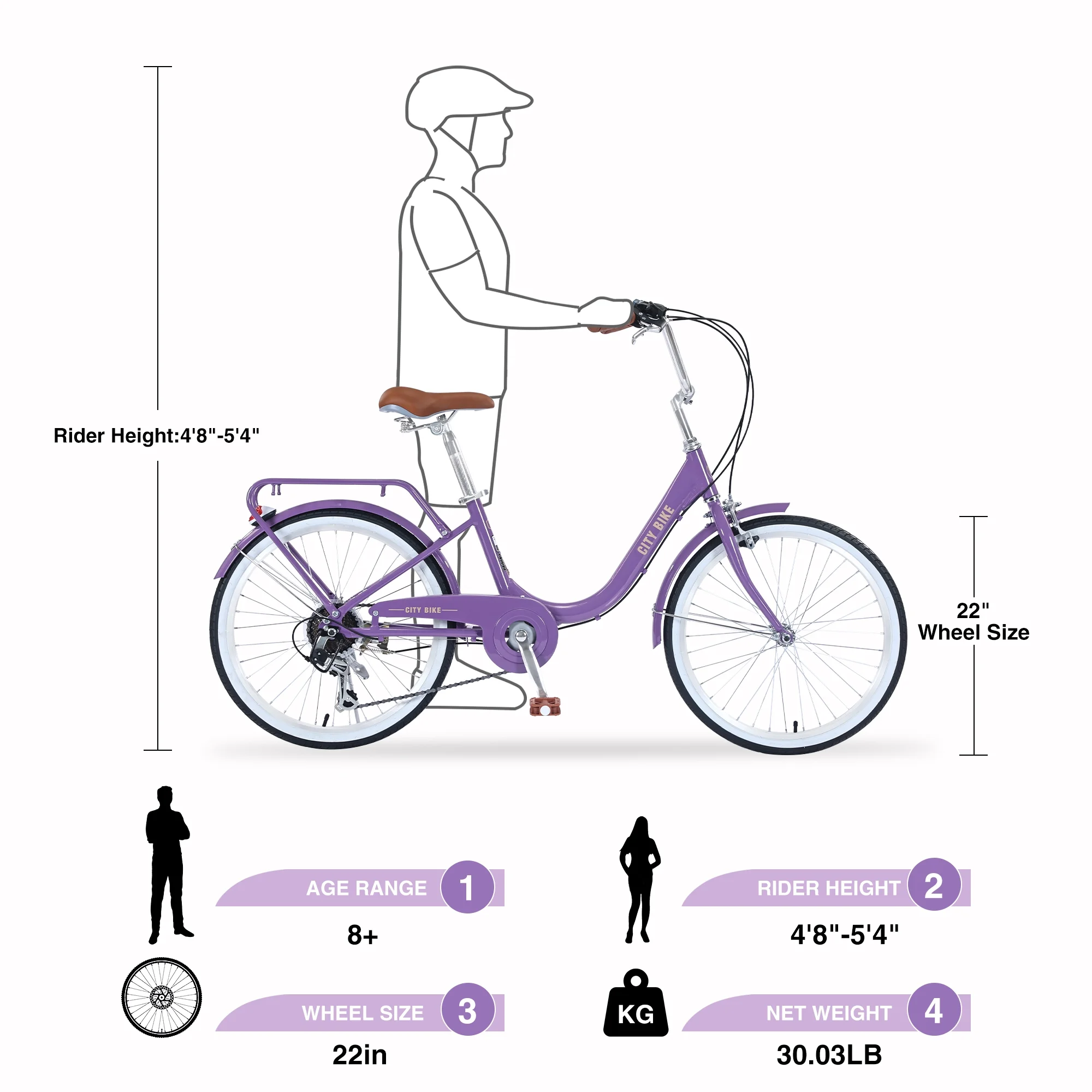 22 Inch Womens Beach Cruiser Bike, City Bike 7 Speeds Steel Frame with Rear Rack, Commuter Bicycle Purple - Curated Treasures Market