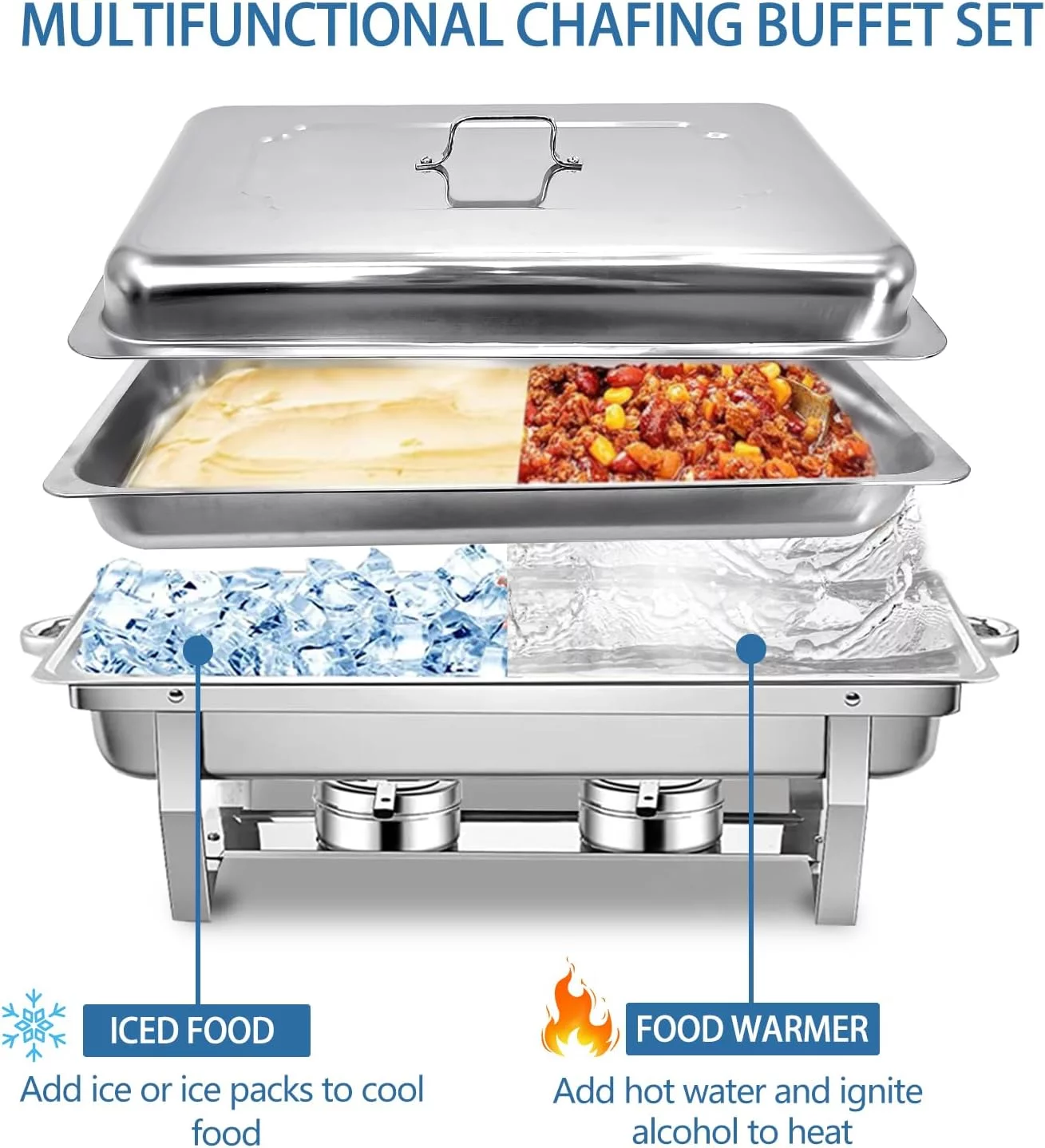 JSTUOKE Chafing Dish 6 Packs 9L/8QT Stainless Steel Chafer Full Size Rectangular Chafers for Catering Buffet Warmer Set with Folding Frame - Curated Treasures Market