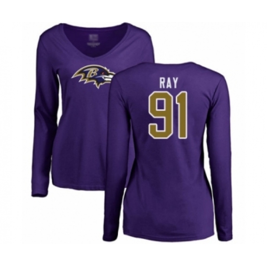 Football Women's Baltimore Ravens #91 Shane Ray Purple Name & Number Logo Long Sleeve T-Shirt
