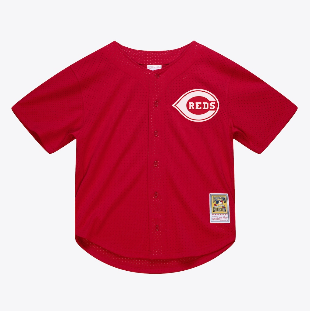 Men's Cincinnati Reds Deion Sanders Mitchell & Ness Red Cooperstown Mesh Batting Practice Button-Up Jersey