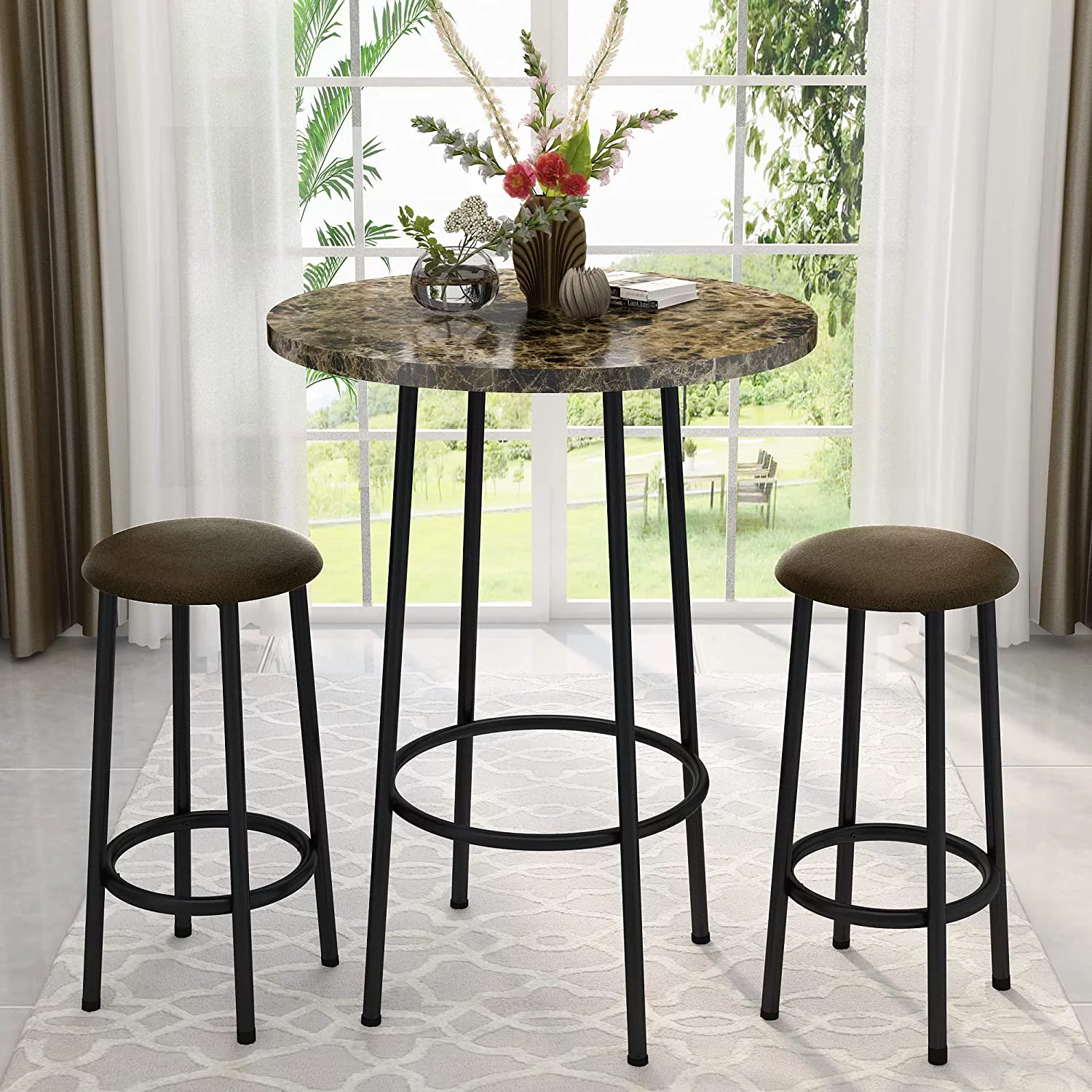 AWQM 3 Piece Bar Table Set, Round Bistro Table and Chairs Set of 2, Small Dining Pub Table Set for Breakfast Nook, Pub, Bistro, Small Spaces - Brown - Curated Treasures Market