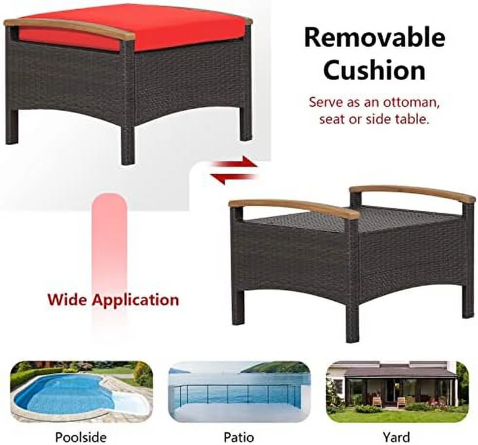 JYHOME Outdoor Wicker Ottomans for Patio - 2 Pieces PE Rattan Ottoman  Footrest Seat with Zippered Cushions  Acacia Wood Handles  3-in-1 Footstool   for Poolside  Backyard (Brown) - Curated Treasures Market