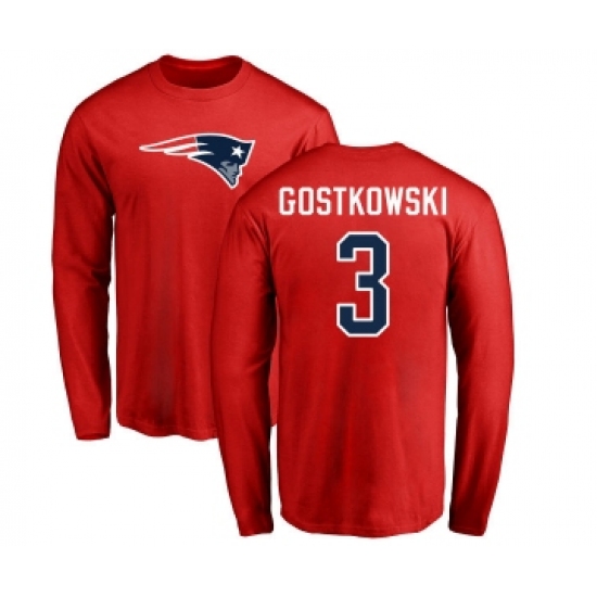 Football New England Patriots #3 Stephen Gostkowski Red Name & Number Logo Long Sleeve T-Shirt