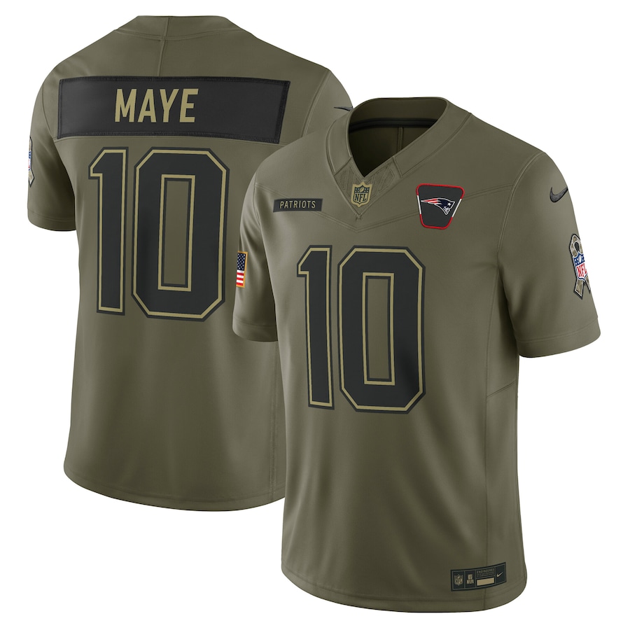 Men's New England Patriots Drake Maye Nike Olive 2025 Salute to Service Limited Jersey