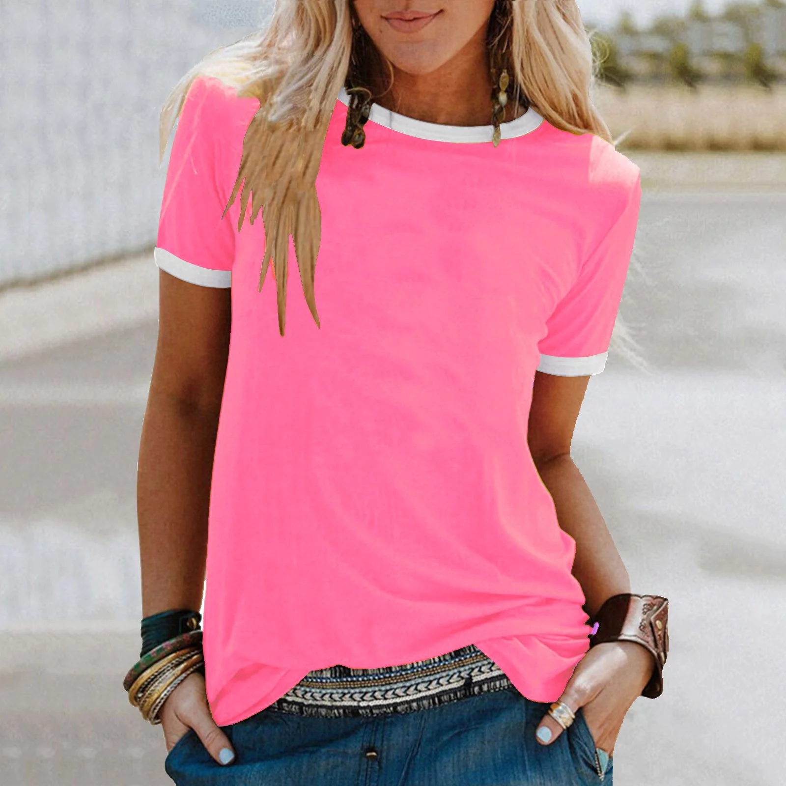 Wendunide 2024 Clearance Sales, Shirts for Women, Women Fashion Casual Print O-Neck Loose Short Sleeve T-Shirt Top Blouse Pullover Pink L - Curated Treasures Market