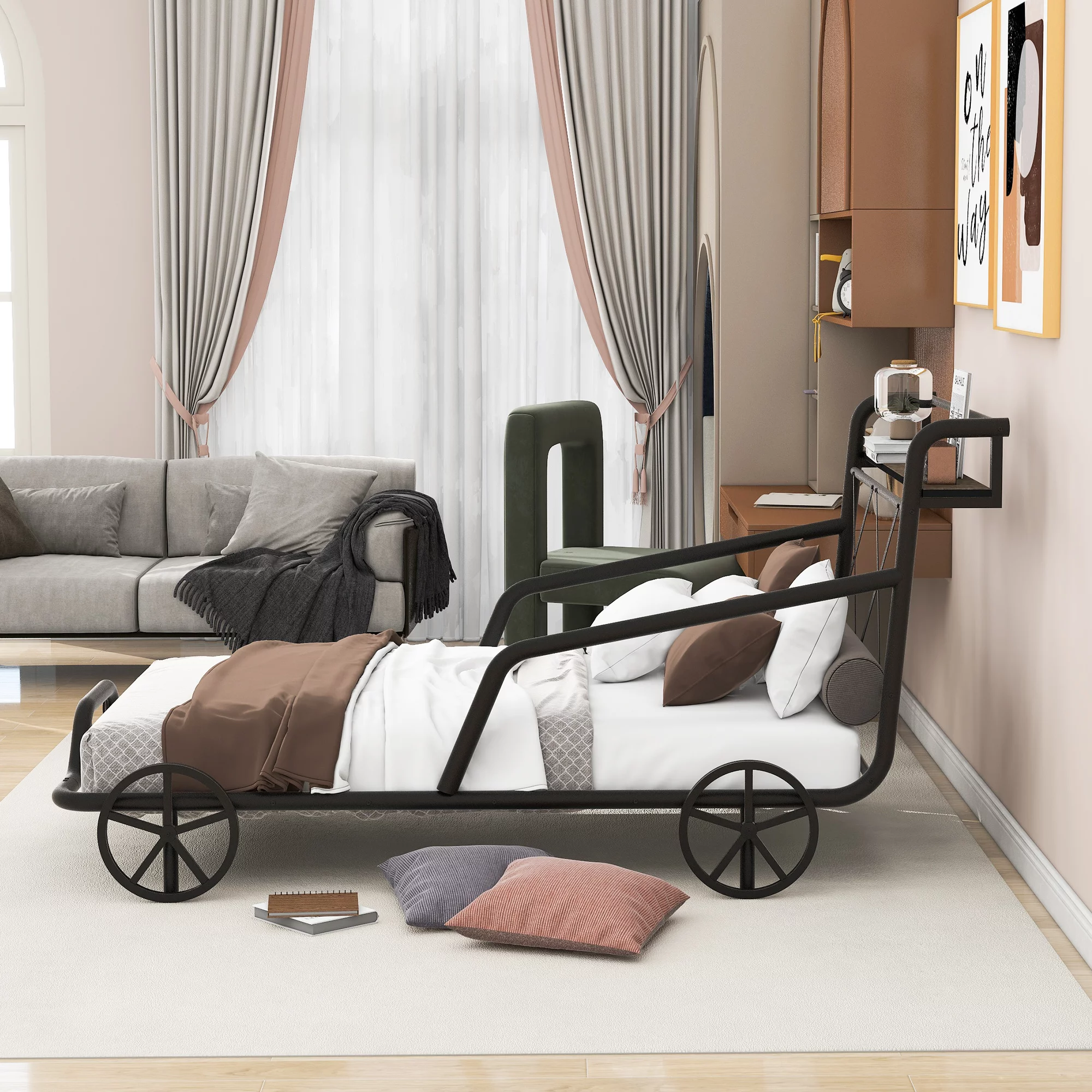 Style Twin Size Metal Car Bed with Four Wheels. Guardrails and X-Shaped Frame Shelf. Black