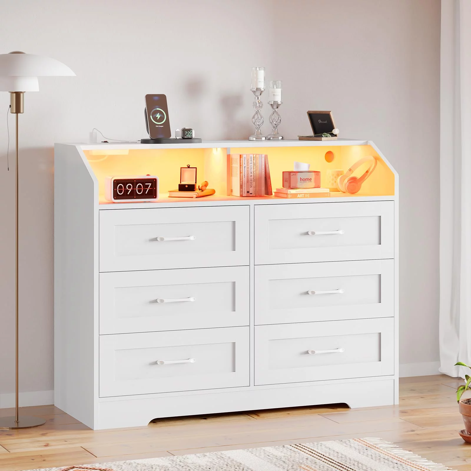 Dresser for Bedroom, 6 Drawer Dresser with LED Lights and Charging Station, White Finish - Curated Treasures Market