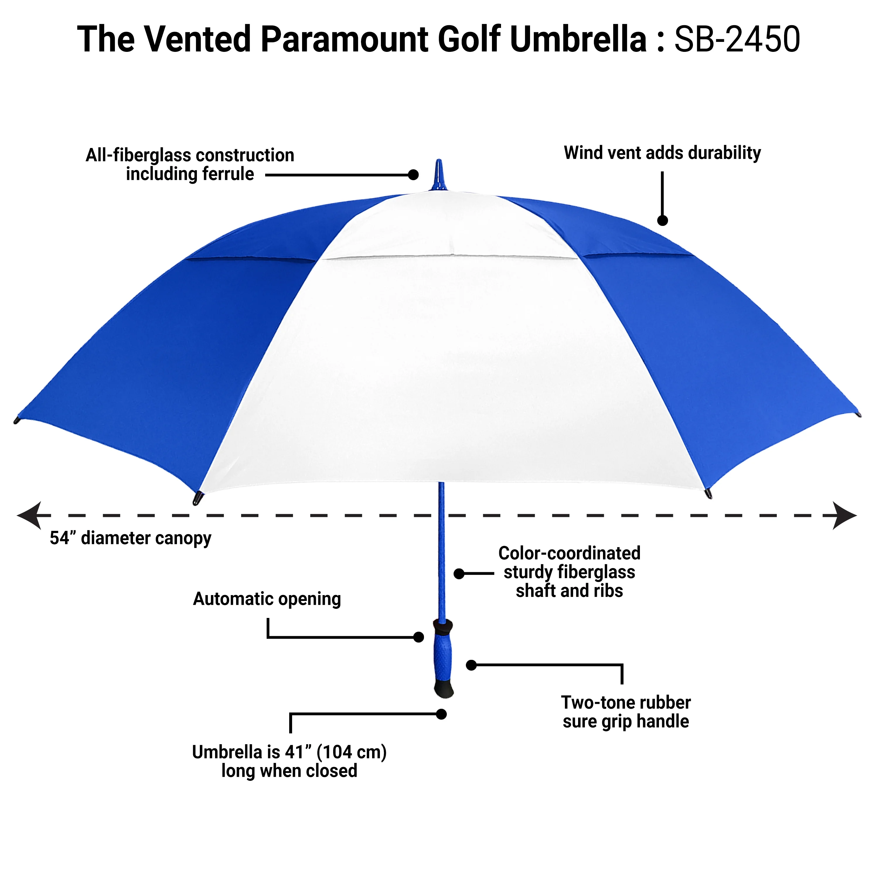 The Paramount Vented Large 64 inch Windproof Automatic Open Double Canopy Golf Umbrella for Rain, Wind and Sun, Strong & Lightweight Oversized Golf Umbrella Wind Vent for Men & Women, Royal Blue/White - Curated Treasures Market