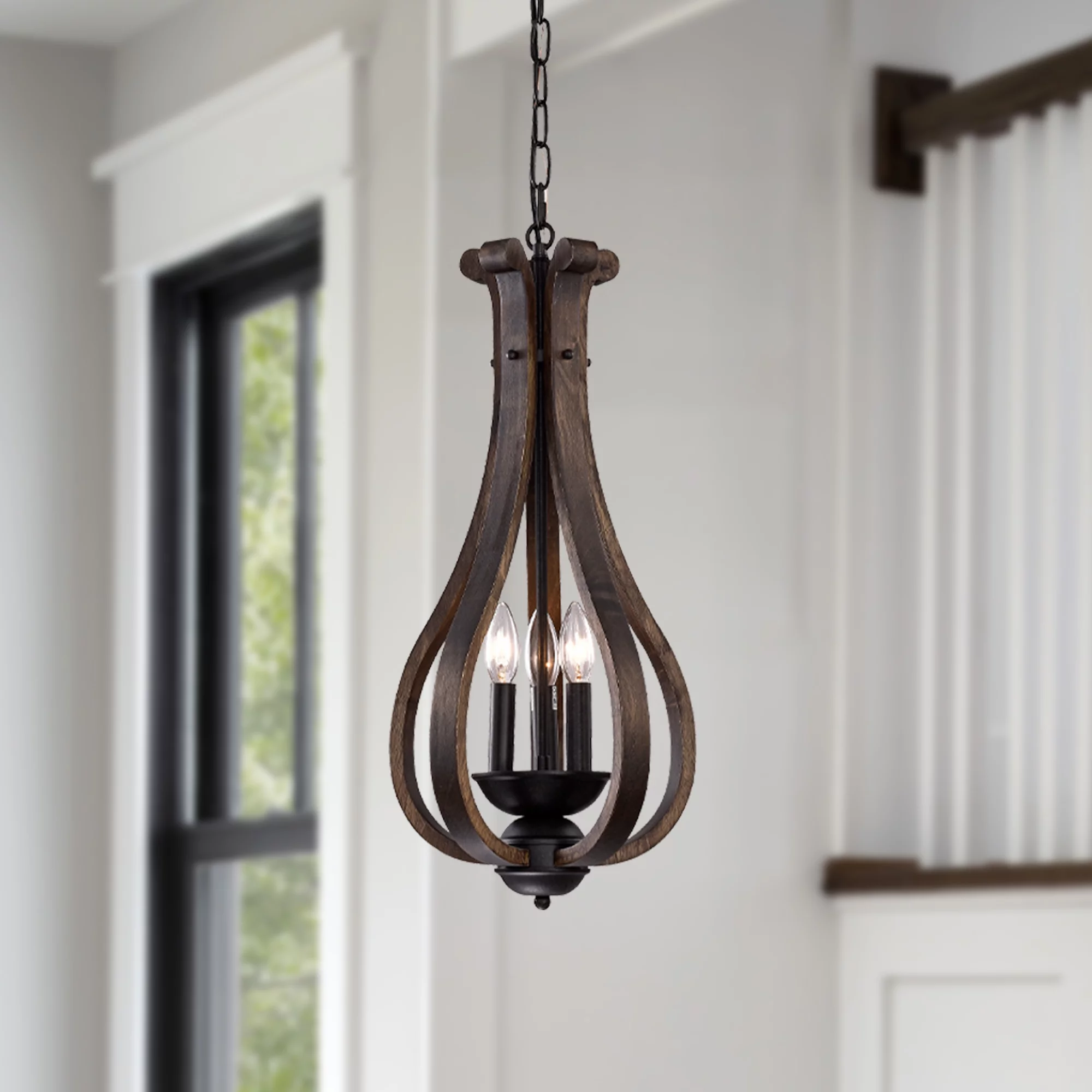 LaLuLa Rustic Farmhouse 3-Light Chandelier Wooden Pendant Lighting Bronze Chandeliers for Dining Room