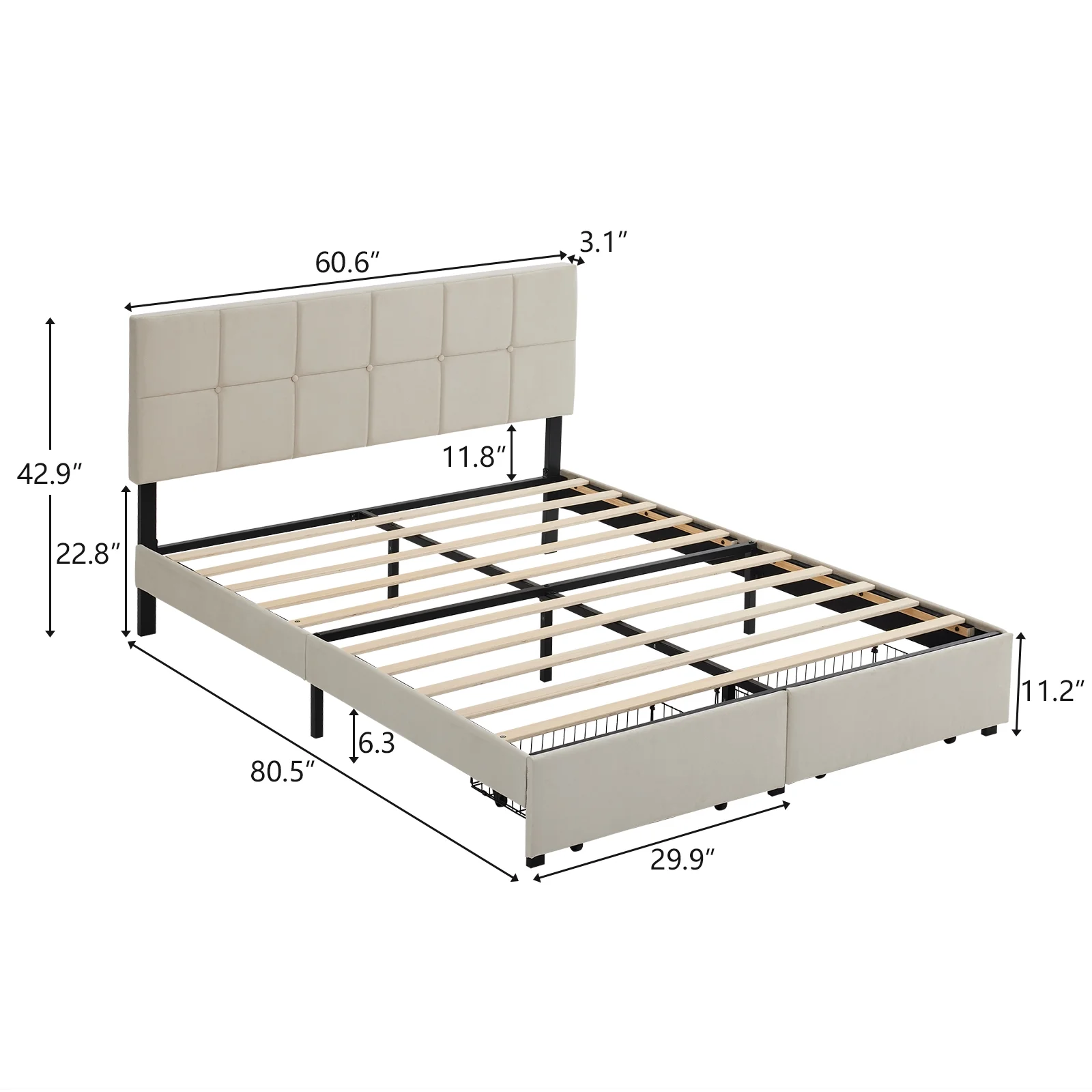 Zimtown Full Size Platform Bed Frame with 2 Drawers, Fabric Upholstered Headboard, No Box Spring Needed, Gray